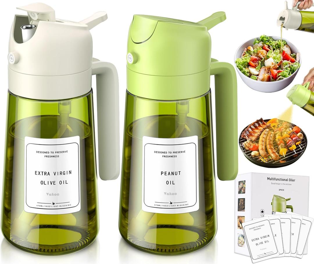 Vakoo 2 in 1 Oil Sprayer and Oil Dispenser for Kitchen - 16oz/470ml Light-Blocking Dark Glass Olive Oil Spray Bottle for Cooking, Air Fryer, Salad & BBQ (Green&White)