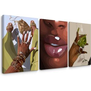 Black Girl Wall Art African Woman Canvas Wall Decor American Black Women Wall Art Black Female Pictures Fashion Abstract Poster for Home Bedroom 16x24 Inch Framed Set of 3 (Black Hands Prints)