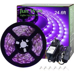 24.6ft Foot Black Led Strip Lights Kit, 450 Units Led, 12V Flexible Blacklight Fixtures for Glow Party, Bar, Bedroom, TV, Halloween, Birthday, Non-Waterproof