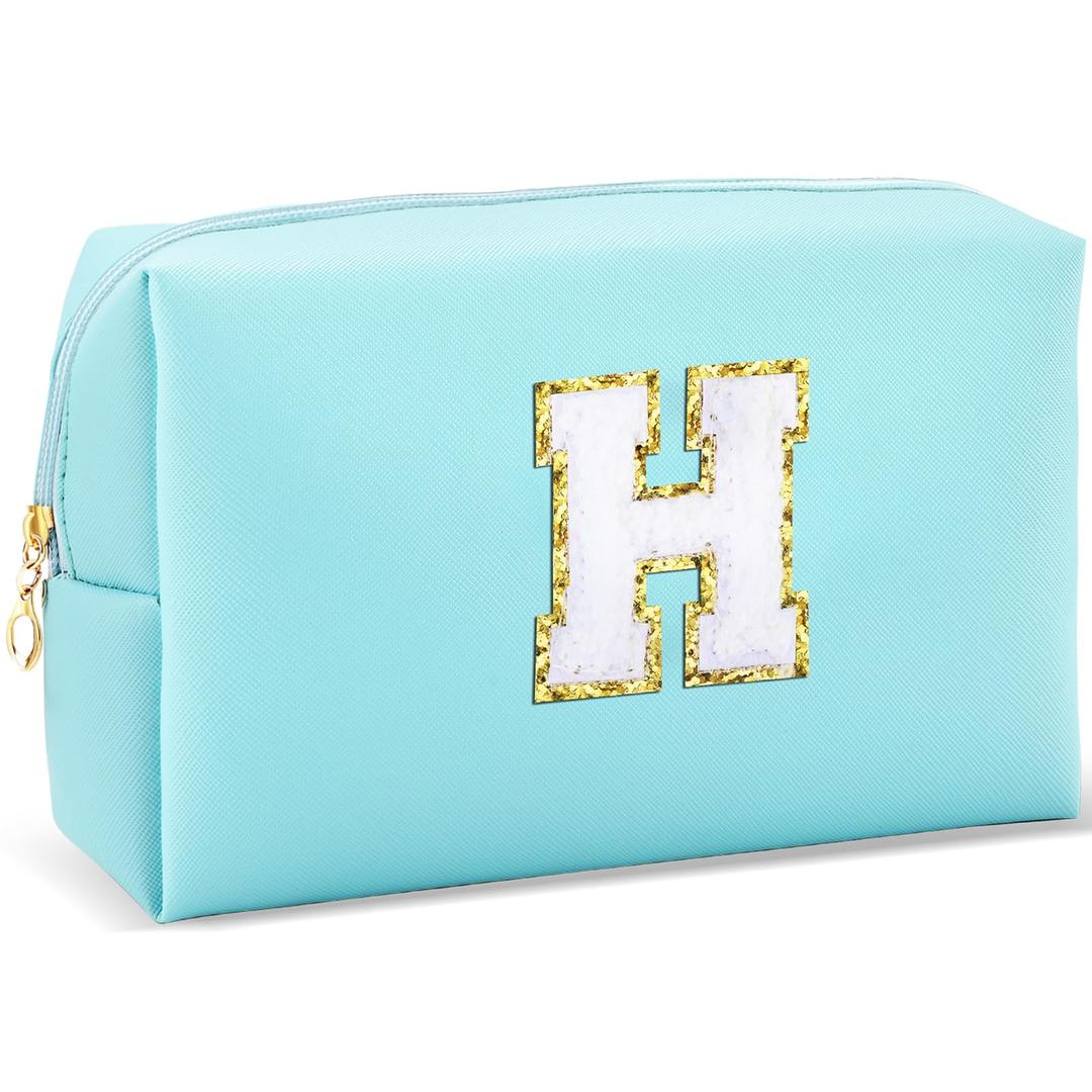 URSKYTOUS Gifts for Girls Initial Makeup Bag Personalized Cosmetic Bag with Zipper Cute Travel Toiletry Bag Waterproof PU Preppy Makeup Pouch Birthday Gift for Teen Girls Women(Blue H)