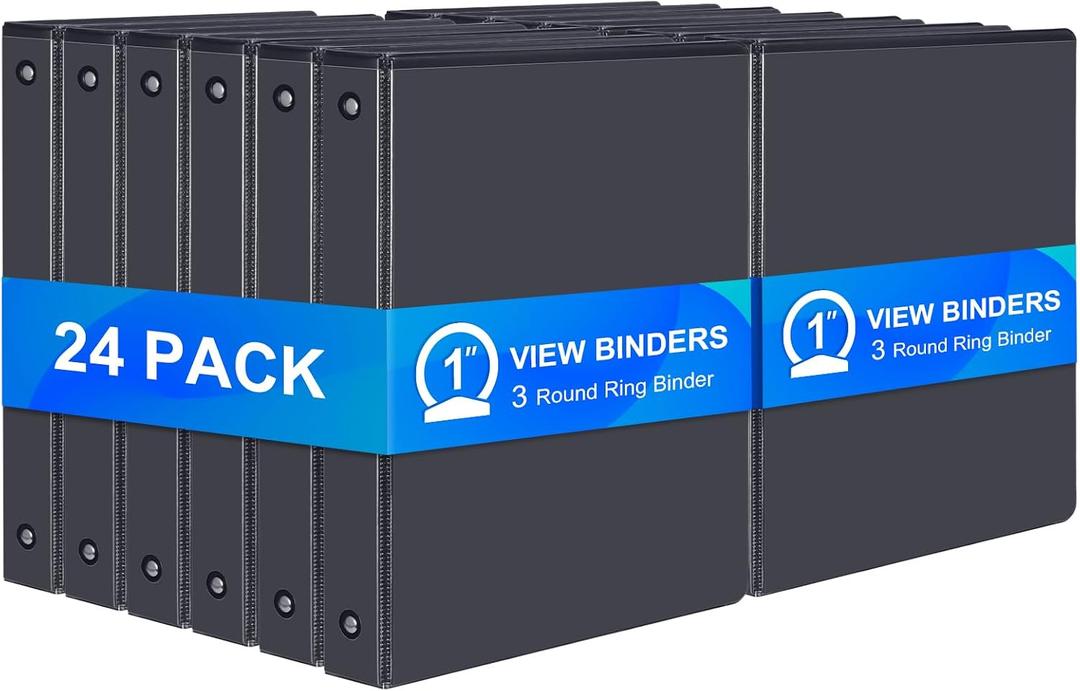 ViVin 1 Inch Binders 3 Ring, Sturdy 3 Ring Binder, 24 Pack Bulk, Black