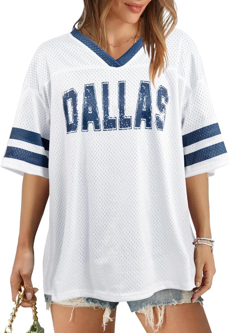 Women Jersey Shirts Football V Neck Shirt Game Day Season Tops Short Sleeve Tee