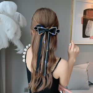 6 pack Elegant Rhinestones Hair Clip Big Bow Hairpins For Girls, Ribbon Long Tassel Rhinestone Headband Hair Clips Accessories French Design Barrettes Fashion Hair Styling Accessories (Black)