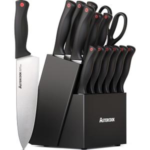 Astercook Knife Set, 15 Pieces Kitchen knives Set with Built-in Sharpener, High Carbon German Stainless Steel Chef Knife Block Sets, Sharp & Rust Resistant Dishwasher Safe, Black