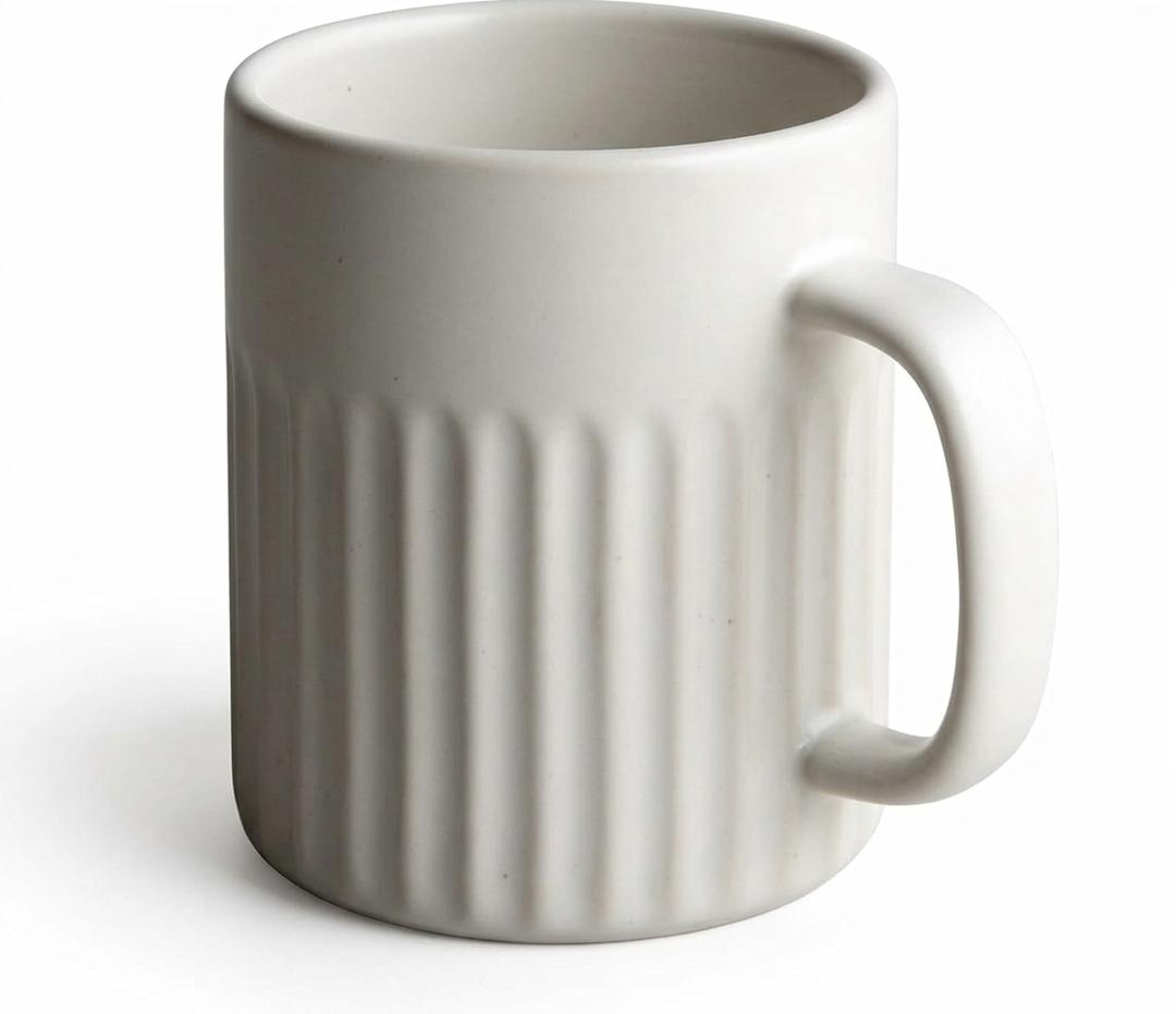 Goodies White Ribbed Coffee Mugs 1 Pack, Handmade Ceramic, Glazed, Dishwasher Safe, Microwave Safe, Secure Grip, Ergonomic Shape, Modern, 9 oz