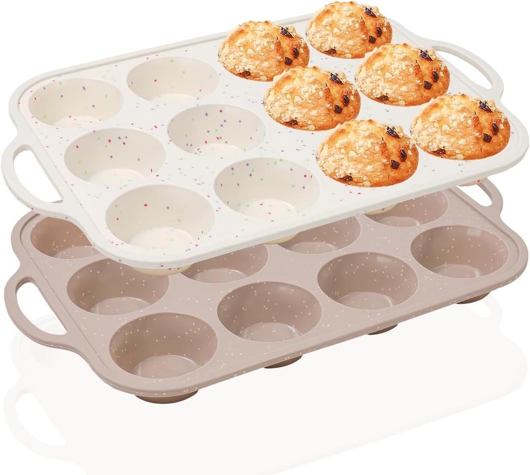 Vinino 2Pack Silicone Muffin Pans for Baking with Metal Reinforced Frame, 12 Cups Regular Size Nonstick Silicone Cupcake Pan, BPA Free Oven Dishwasher Safe Baking Mold for Muffins Cupcakes (CR+BN & Standard: 122pcs)