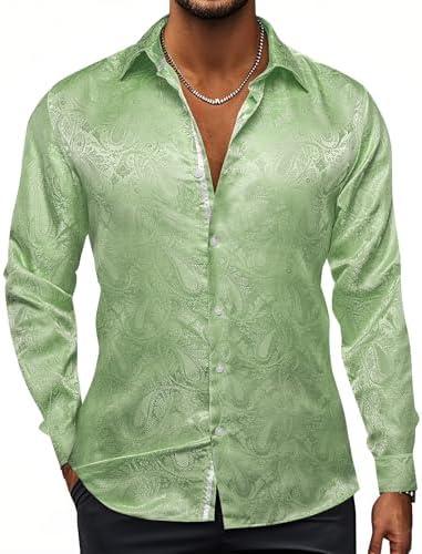 Hi-Tie Silk Mens Paisley Dress Shirts Casual Long Sleeve Button Down Regular Fit Shirts Formal Wedding Party Business (Green, Medium)