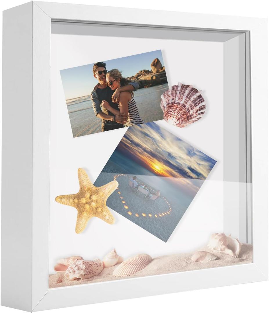 12x12 Shadow Box Frame Display Case, Wood with Plexiglass, Display Case Box for Memorabilia, Medal, Crafts,Tickets and Photos, Picture Frame for Wall and Tabletop (White, 12x12)