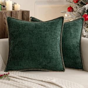 MIULEE Pack of 2 Christmas Pillow Covers 18x18 Inch Dark Green Farmhouse Decorative Throw Pillow Covers with Stitched Edge Soft Chenille Solid Dyed Couch Pillow Covers for Sofa Bed Living Room, Dark Green