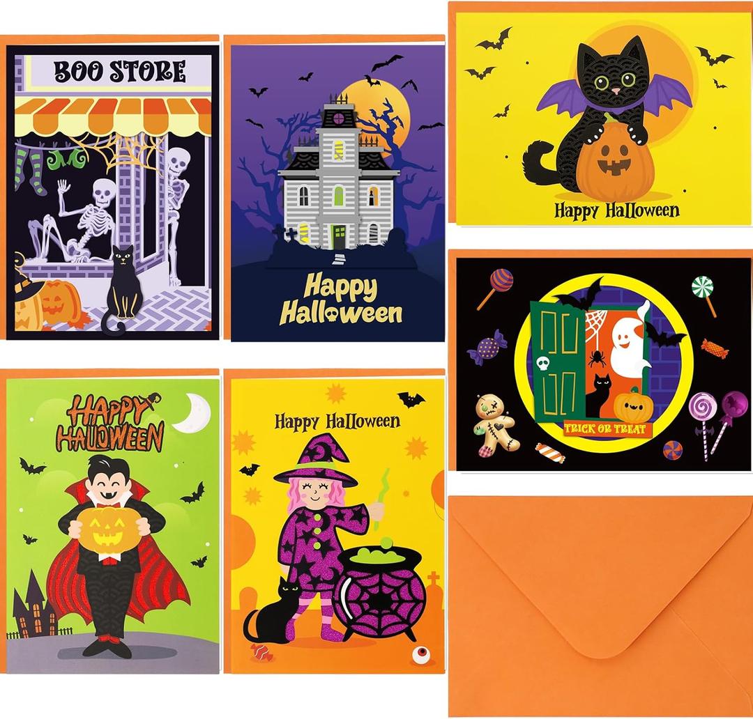 4 x Ceiba Tree Halloween Cards with Envelopes for Kids Glitter Foil Die Cut 12 Pcs 3.75X5.2 inch Message inside Trick or Treat Witch Vampire Skeletons Haunted House Pumpkin Jack-o'-lanterns Bats Spiderwebs