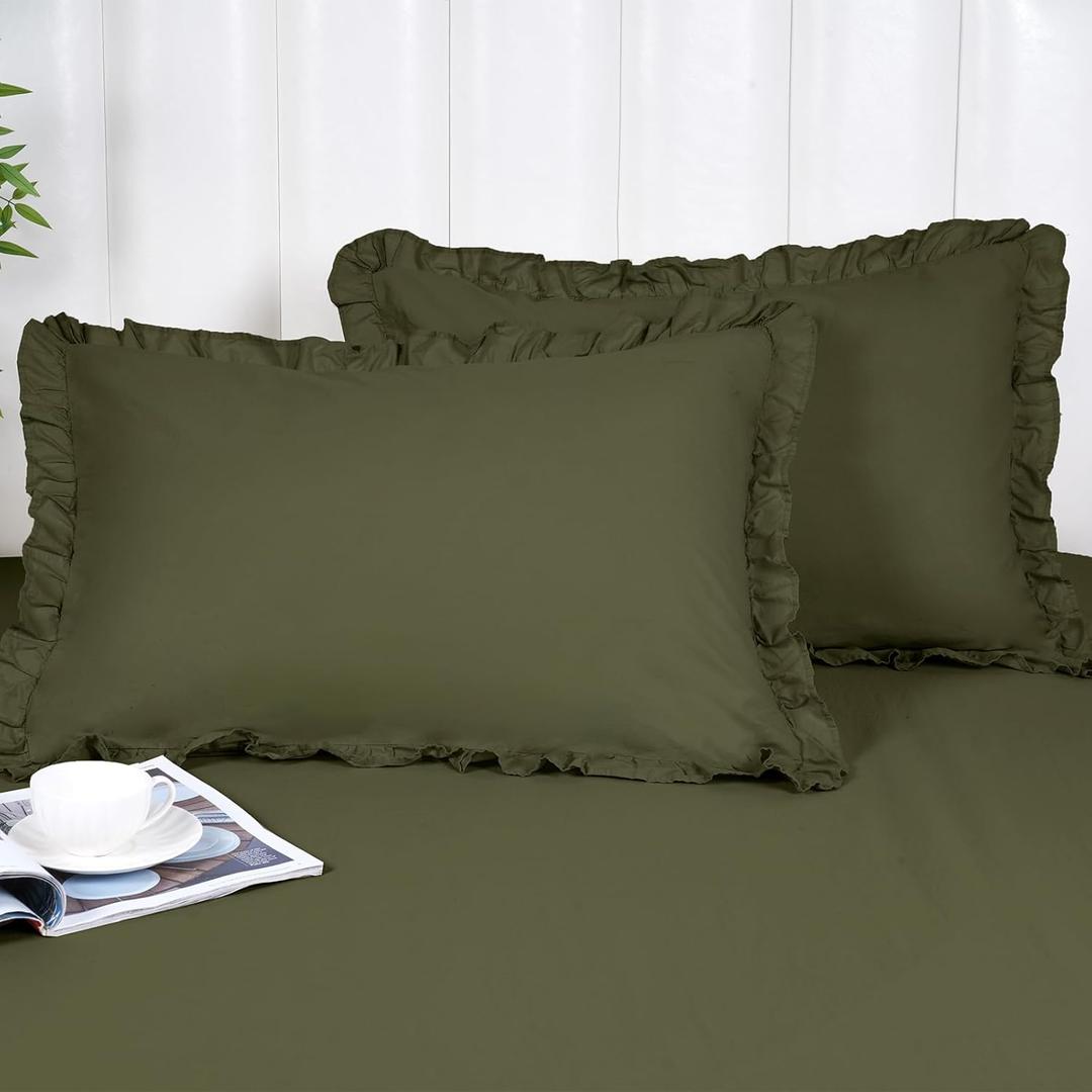 PHF 100% Washed Cotton Ruffle Pillowcases Standard Size, 2 Pack 20" X 26" Pillow Shams, No Insert, Ultra Soft Cotton Pillow Cases,Decorative Farmhouse Bedding Pillow Covers, Olive Green