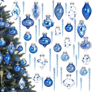 Bucherry 48 Pcs Royal Blue Christmas Ball Icicle Ornaments Clear Plastic Shatterproof Xmas Tree Ball Decor Sparkling Glitter Plastic Christmas Acrylic Icicle Ornaments for Holiday Wedding Party