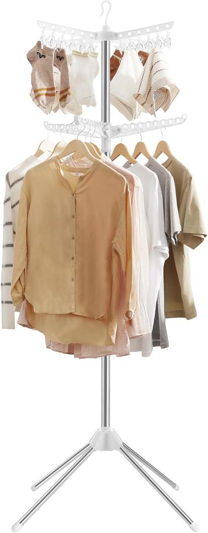 SONGMICS 2-Tier Clothes Drying Rack, 72-Inch Folding Laundry Drying Rack with 3 Rotatable Arms for Hangers, 24 Clips, Stainless Steel, for 27 Pieces of Clothes, White and Silver ULLR512W01