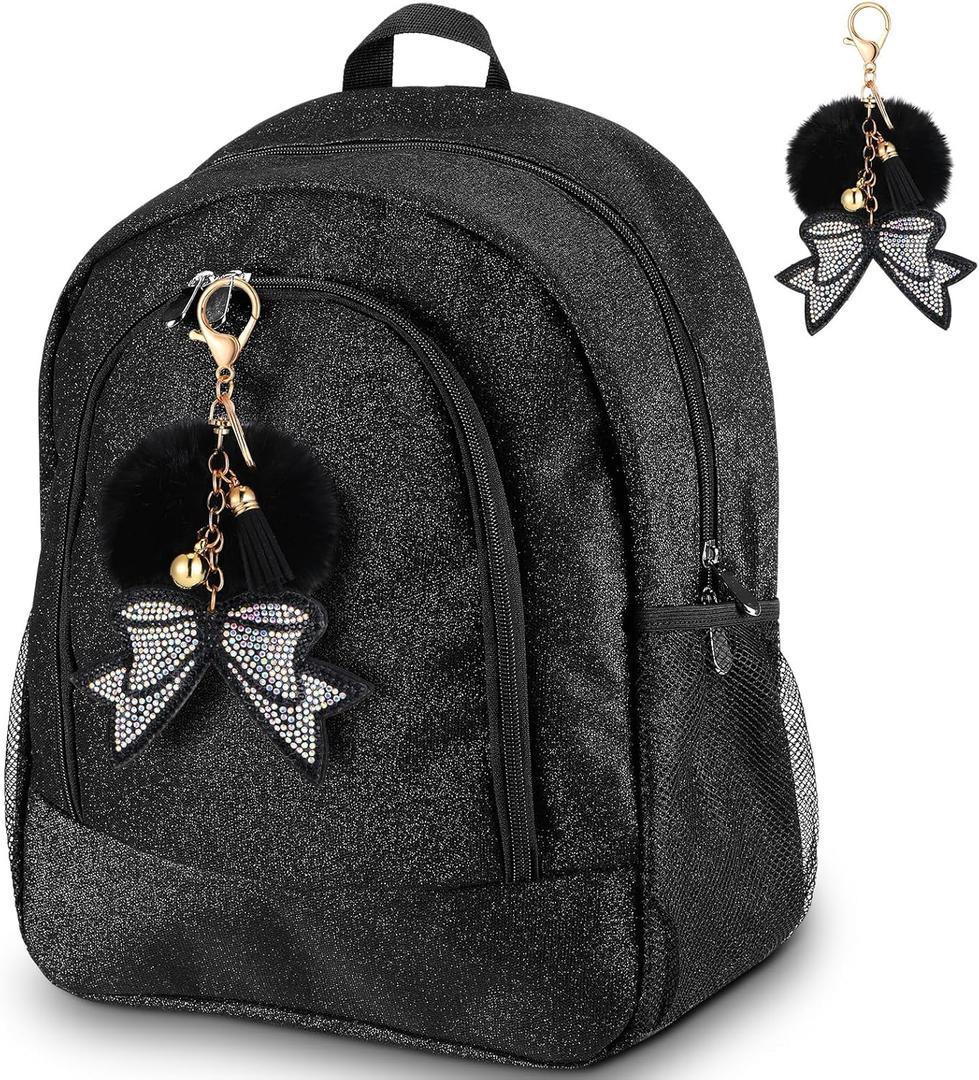 Cheer Backpack with Bow Keychain Cheerleading Glitter/Canvas Backpack Cheerleaders Gift Cheer Bags for Sport(Glitter,Black,Small)