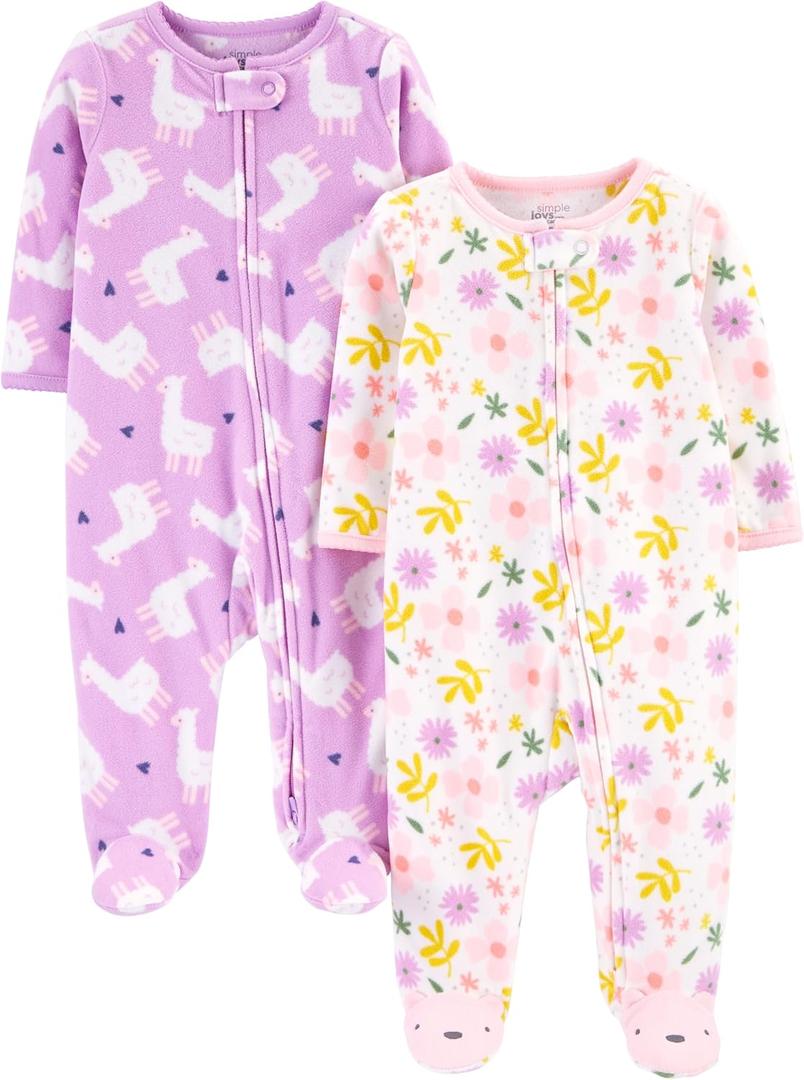 Simple Joys by Carter's Baby Girls' Cotton and Fleece Footed Sleep and Play, Pack of 2 (Newborn, Purple Llama/White Floral)