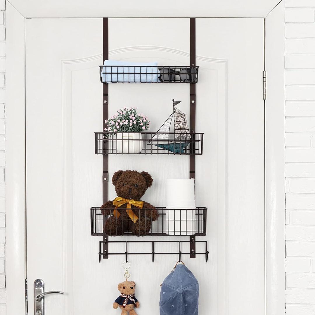 Over The Door 3 Tier Hanging Kitchen Storage Rack Heavy Duty Pantry Organizer with 3 Baskets and 5 Hooks - Metal Wire Basket for Kitchen, Bathroom, Office - Brown