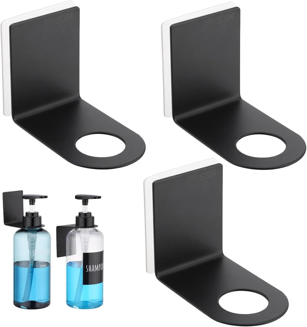 Segbeauty Adhesive Bottle Holder, 3pcs Stainless Shampoo Bottle Holder, Black Drill-Free Shower Dispenser Rack, Rustproof Shampoo and Conditioner Dispenser Wall Mount for Dia 1.15in 3cm Bottles Mouth