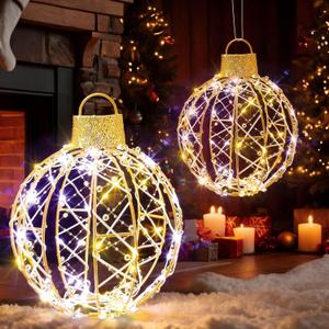 Mudder 2 Pack Christmas Light Balls Outdoor Sphere Lights 12" Hanging LED Holiday Ornaments with 120 Warm and White Lights Waterproof Large Christmas Balls for Outdoor Porch Patio Xmas Decor