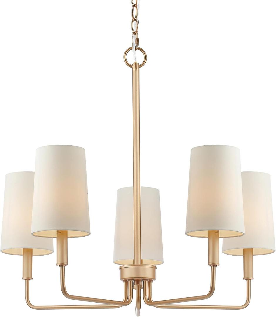 Chandelier, Muted Gold with White Fabric Shade, Farmhouse Linear Island Lighting Fixture for Kitchen, Dining Room (5-Light Muted Gold with Fabric Shades)