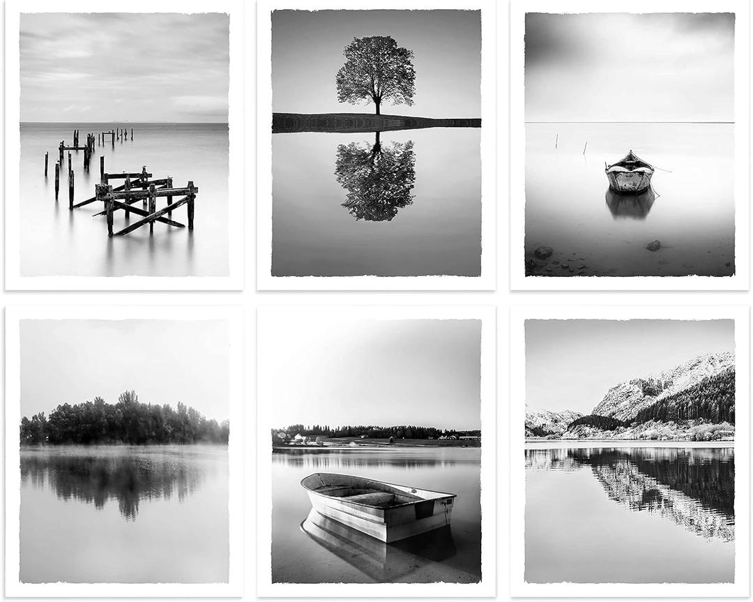 Color Play Nature Landscape Prints Wall Art Lake Scene Pictures Black and White Boat Pier Artwork Forest Tree Mountain Photography for Home Wall Decor UNFRAMED 8x10 Inch 6 Piece (Lake Theme 02)