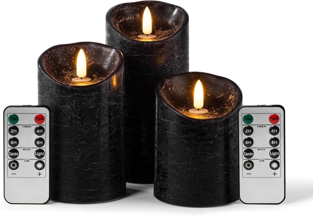 Pack of 3 Black Regular Textured LED Flameless Flickering Battery Operated Candles with Remote and Timer, Real Wax Pillar Candles for Festival Wedding Halloween Christmas Home Party Decor