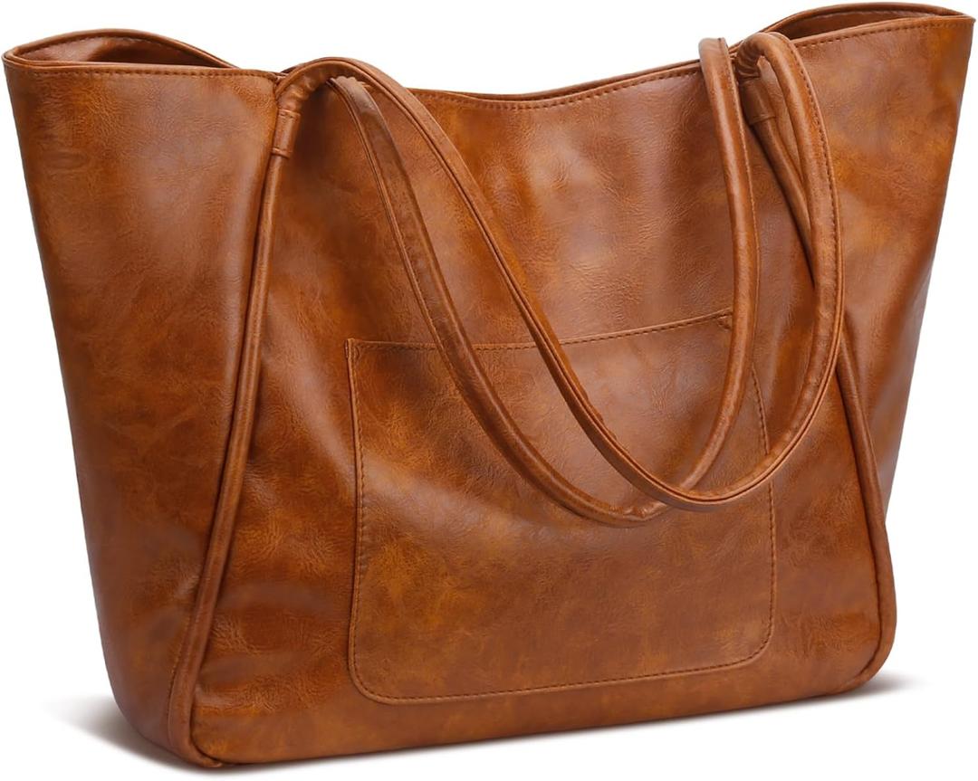 KKXIU Large Tote Bag for Women with Zipper Work Leather Travel Purse and Handbags (Brown)