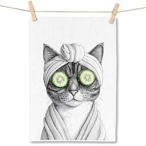 FITIE Funny Cucumber Cat Bathroom Hand Towels, Bathrobe Cat Kitten Hand Towels for Bathroom Washroom Restroom Decor, 16x24 Inch