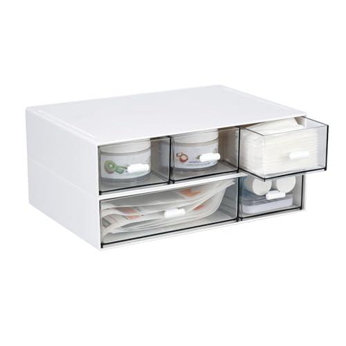 OSteed Desktop Organiser with 5 Drawers, Stackable Plastic Storage Box on Desk, Small Drawers Storage Unit for Home Collection, Cosmetics, Office Supplies (2 Flat Layers, White)