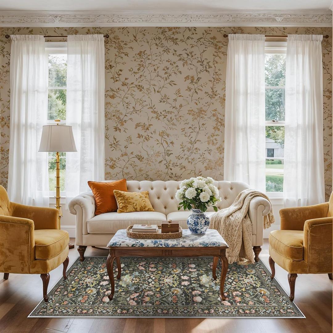 3x6 Washable Hallway Area Rugs: Vintage Floral Entryway Kitchen Runner Rug Ultra Soft Anti-Slip Beside Carpet Indoor Farmhouse Floor Mat for Bathroom Living Room Bedroom Durable Doormat(3x6,Green)