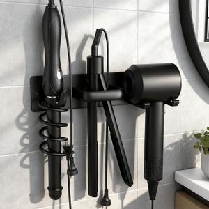 Hair Dryer Holder Wall Mounted Blow Dryer Holder Curling Iron Holder Straightener Holder 3 in 1 Bathroom Metal Hair Tool Organizer RackMatte Black