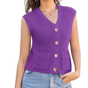 Womens Summer Crop Knit Sweater Vest Sleeveless Button Down Chunky Knit Vest Cardigan with Pockets (Purple, S)