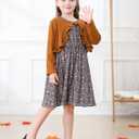 Kid Toddler Girl Fall Dress+Cardigan 2 Piece Floral/Plaid Sleeveless Dress and Cardigan Set 2-14Y (Brown)