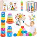 6 in1 Montessori Baby Toys 6-12 MonthsMontessori Toy for Babies 6-12 MonthsIncl 12pc Building Blocks &Silicone Pull String & Sensory Cube & Manhattan Ball& 2 Stacking Toys. Baby Development Toys, Medium