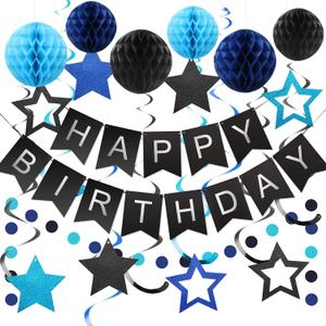 Meowtastic Birthday Decorations, Happy Birthday Banner with Honeycomb Balls, Stars Hanging Swirl Streamers, Circle Dots Garland, Happy Birthday Party Decorations for Women Men Boys Girls (Black&Blue)