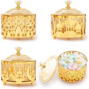 BruinBang 4 Pcs Eid Mubarak Plates with Lids Metal Gold Moon Castle Star Arabesque Ramadan Serving Tray, Food Container for Cookie Candy Pastry Dessert, Ramadan Decorations Table Display Set