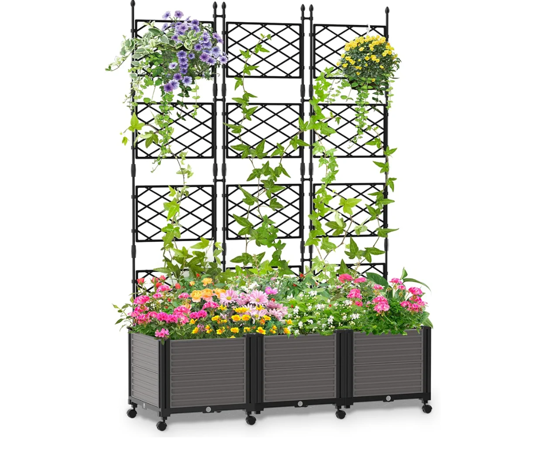 Raised Garden Bed Outdoor Planter Box with Trellis and Wheels, Tomato Planter Cage with Trellis, Indoor Outdoor Patio Self Watering Planters for Climbing Plants Vegetable Flowers