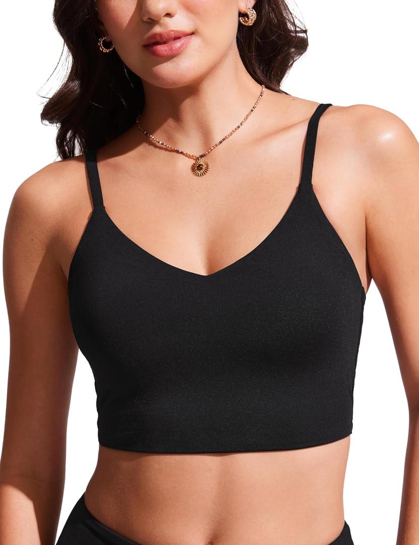 CRZ YOGA V Shaped Longline Bikini Tops for Women - Padded Cropped Adjustable Spaghetti Straps Swimsuit Athletic Bathing Suit (Black, M)