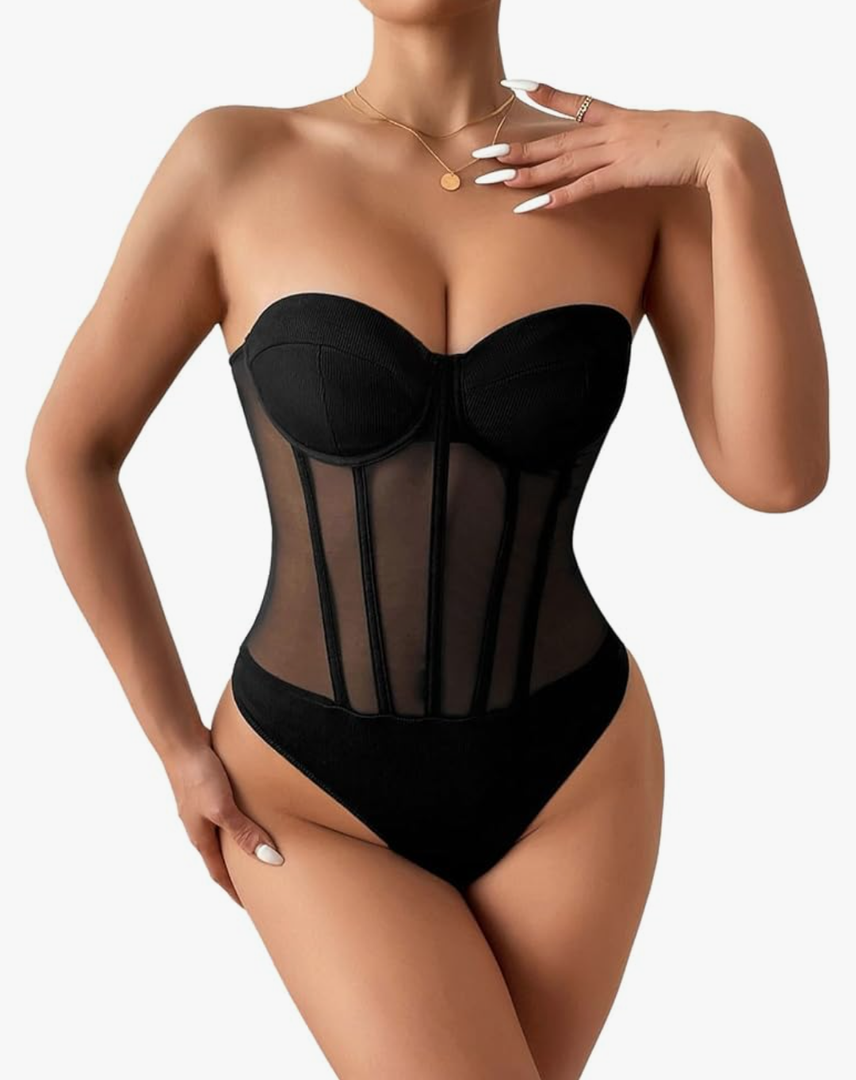 SweatyRocks Women's Sheer Mesh Strapless Tube Bodysuit Sleeveless Fitted Corset Leotard Top Clubwear Size L