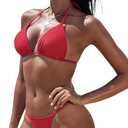 TASHEHE Women Rhinestone Bikini Set Triangle Halter Two Piece Swimsuit String Thong Bathing Suit (Red, Medium)