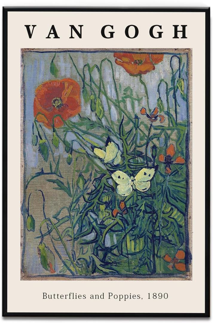 Framed Canvas Print Wall Art Butterflies And Poppies Flowers Painting Reproduction Ready To Hang Living Room Bedroom Kitchen Office Home Decor 16"x 24" Black Framed