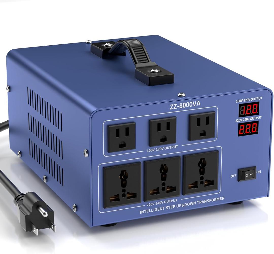 8000W Voltage Converter Auto Transformer,110/120/220/240V Heavy Duty Step Up/Down Power Converter Transformer with 3 US Outlets,3 Universal Outlets, LCD Display,Resettable Circuit Breaker Protection (BLUE)
