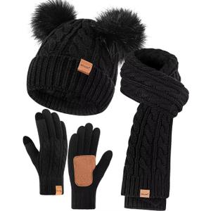 Winter Hat Scarf Glove Set for Women, Fleece Lined Beanie with Double Pom Pom, Touchscreen Gloves Knit Scarf for Cold Weather (Black)