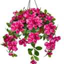 Briful Fake Hanging Flowers with Basket, Hot Pink Artificial Azalea Hanging Silk Basket Flowers Outdoor Faux Flowers for Home Garden Patio Porch Balcony Yard Decor