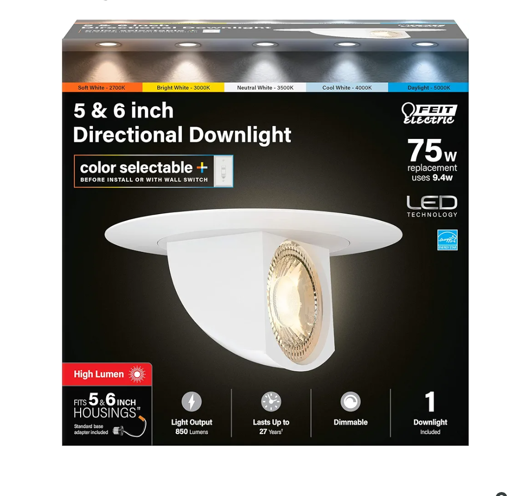 Feit Electric 5-6 inch LED Directional Recessed Downlight, 9.4W (75W Equivalent), 2700K–5000K Selectable Colors, Dimmable, 850 Lumen, 50,000-Hour Lifetime, LEDR56SCP/6WYCA