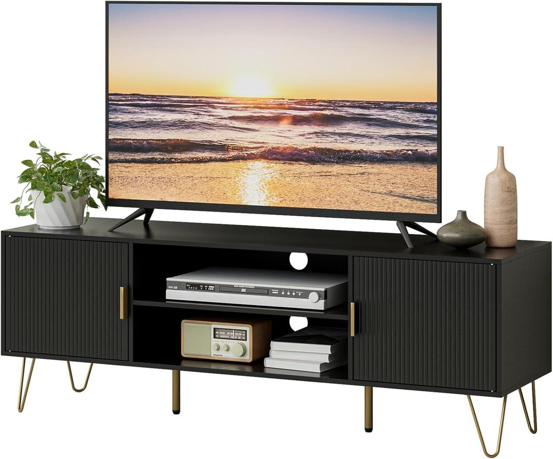TV Stand for 55-65 inch TV, Entertainment Center with Soft Hinge Door,TV Console Table with 2 Cabinets with Gold Handle and Feet,for Living Room, Bedroom, Black
