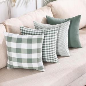 CARRIE HOME Farmhouse Sage Green Plaid Pillow Covers 18x18 Set of 4 Spring Neutral Throw Pillows Light Green Checkered Decorative Pillow Cover for Indoor Couch Bed or Outdoor Porch Patio, Grey Green
