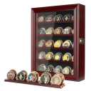 Military Challenge Coin Display Case 5 Rows Wooden Army Coin Holder with HD Tempered Glass Lockable Coin Wall Dsplay Box with Removable Shelves, Red