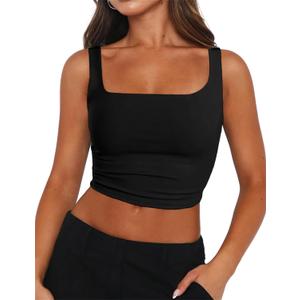 Zeagoo Women's Square Neck Sleeveless Crop Tops 2026 Cute Double Layer Casual Slim Fit Trendy Tank Tops (X-Large, Black)