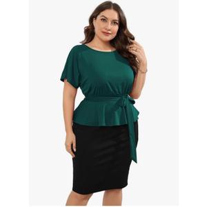 KOJOOIN Women Plus Size Bodycon Elegant Midi Dress Peplum Business Work Office Sheath Pencil Cocktail Party Dress with Belt Size 2XL