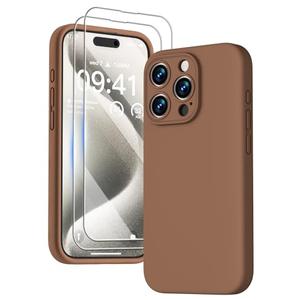 GOODVISH Compatible with iPhone 15 Pro Case, Silicone Upgraded [Enhanced Camera Protection] Phone Case with [2 Screen Protectors], Soft Anti-Scratch Microfiber Lining Inside, 6.1 inch, Brown